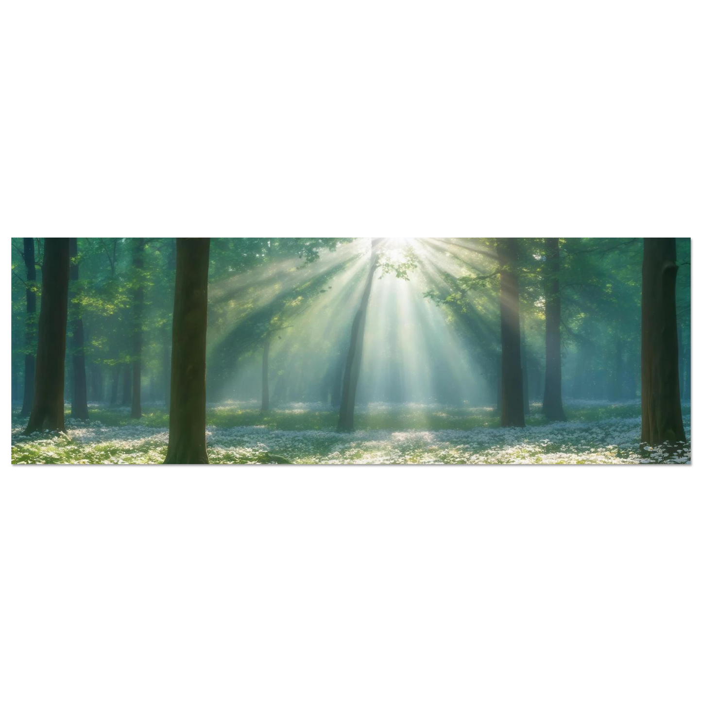 Wandbild mystischer wald sonnenstrahlen im gruenen bluetenmeer