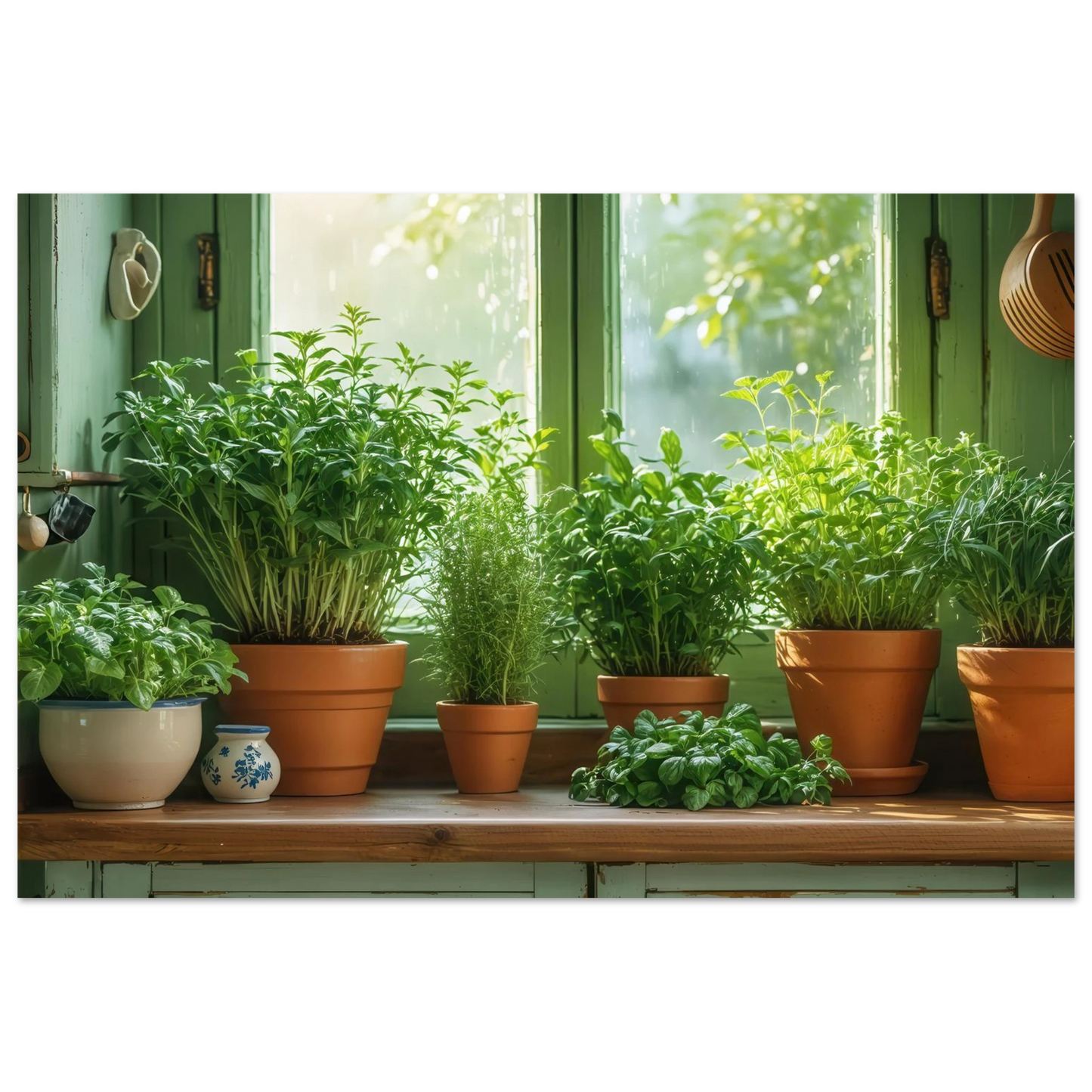 Wandbild mediterrane kraeuter am fenster frische gruen nuancen fuer ihr zuhause in vielen groessen