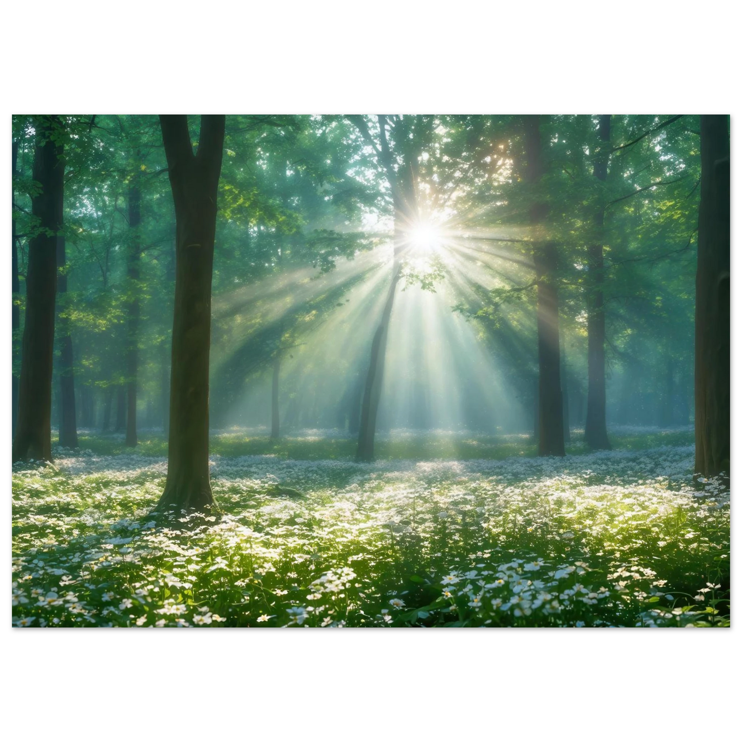 Wandbild mystischer wald sonnenstrahlen im gruenen bluetenmeer