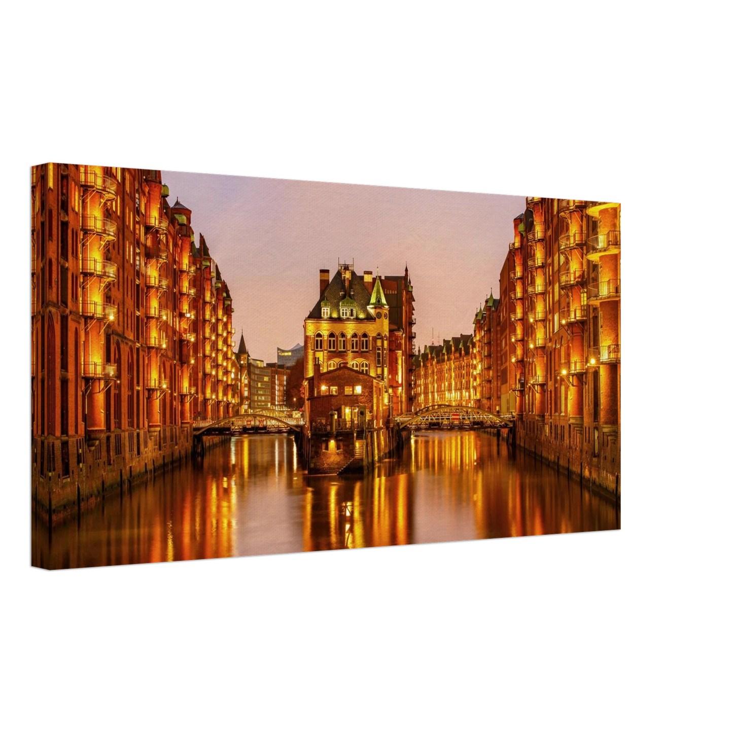 Wandbild speicherstadt hamburg bei daemmerung atmosphaerisches stadtbild als kunstdruck in ihrer wunschgroesse