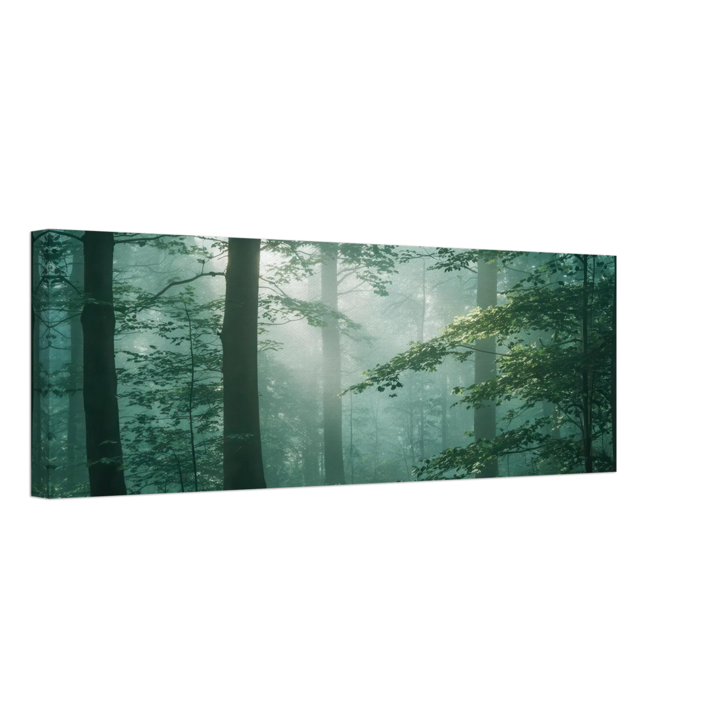 Wandbild mystischer smaragd wald mit sonnenstrahlen beruhigende nebelwald kunst in ihrer wunschgroesse