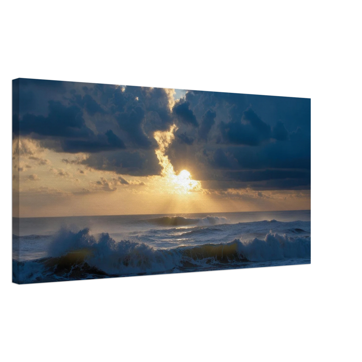 Wandbild dramatischer sonnenuntergang ueber stuermischer see lebendige wolken goldstrahlen fuer ihre wand