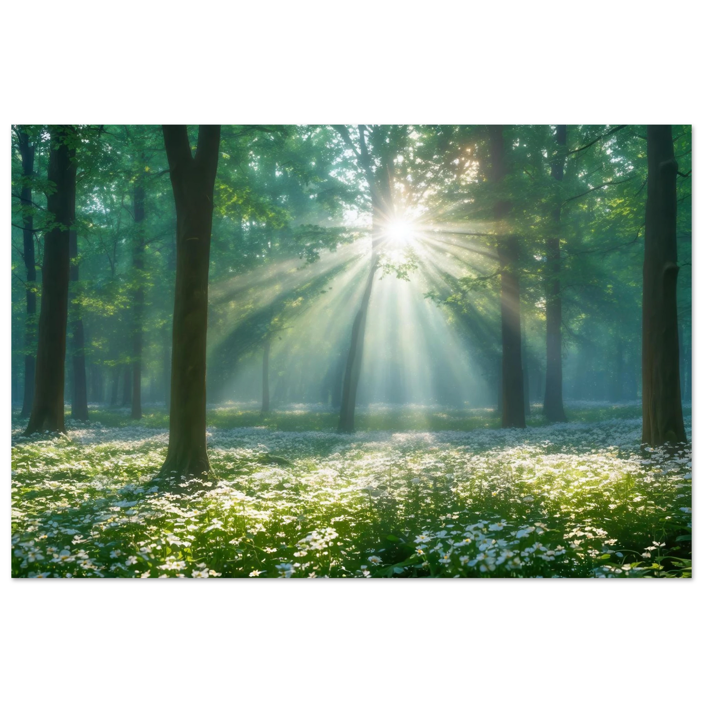 Wandbild mystischer wald sonnenstrahlen im gruenen bluetenmeer