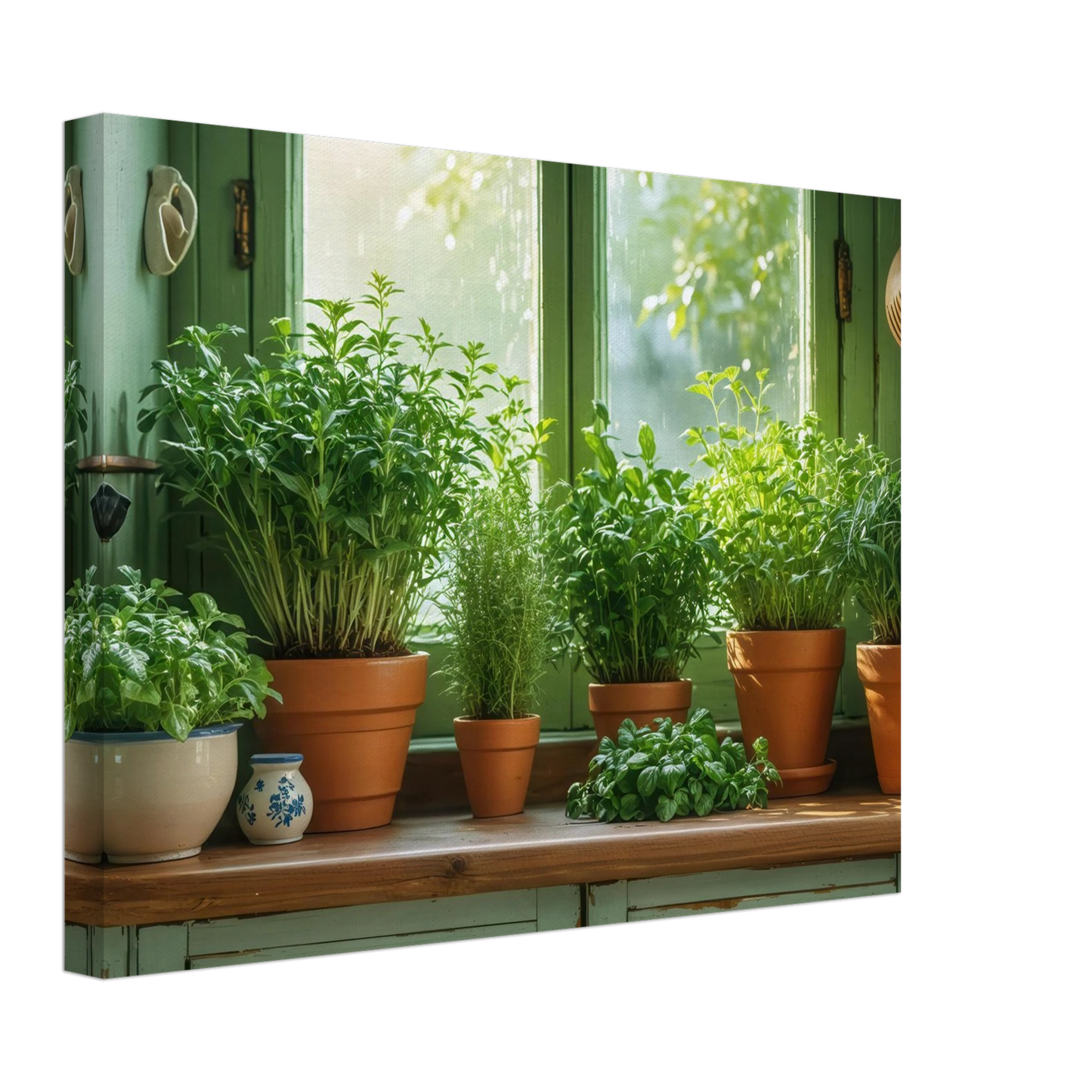 Wandbild mediterrane kraeuter am fenster frische gruen nuancen fuer ihr zuhause in vielen groessen