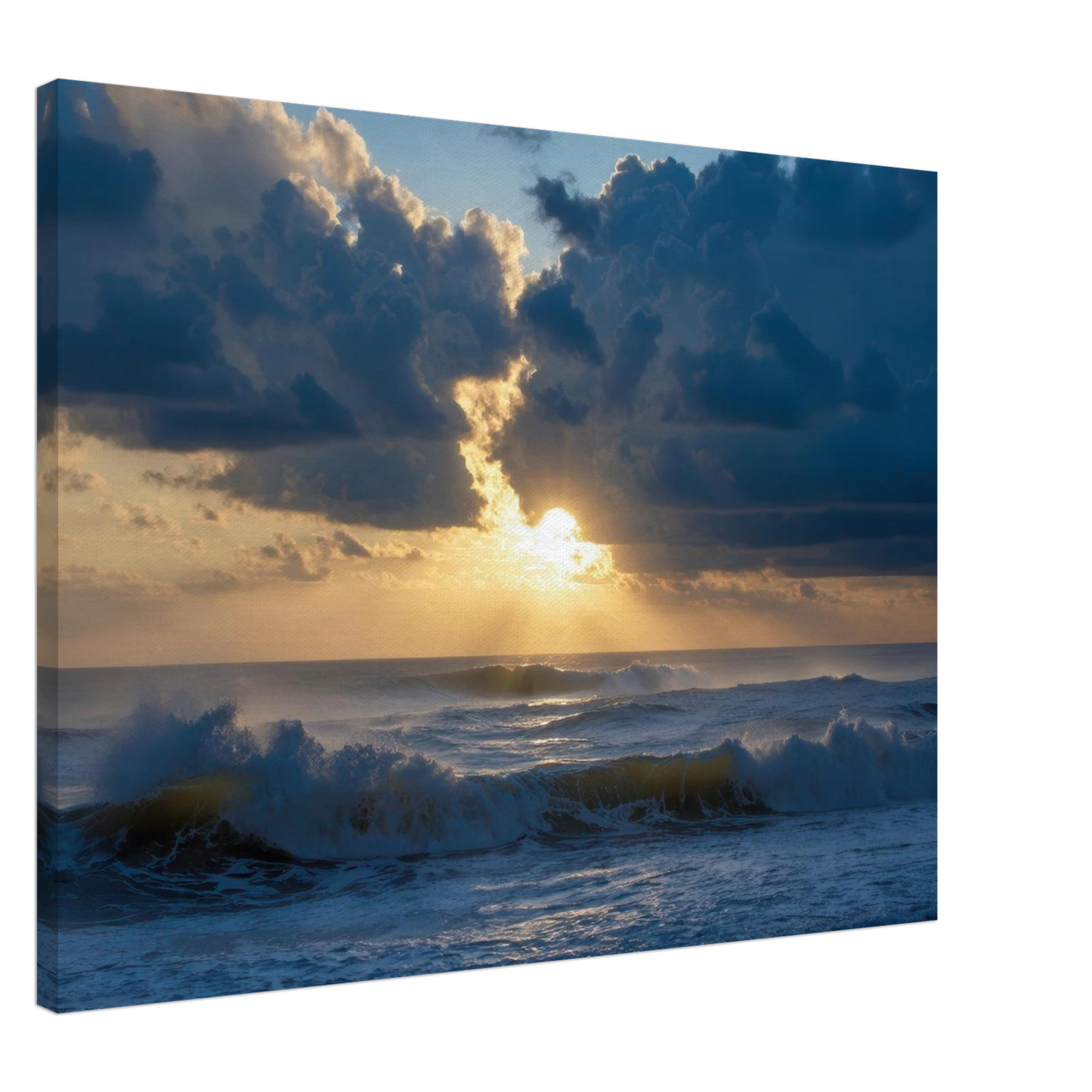 Wandbild dramatischer sonnenuntergang ueber stuermischer see lebendige wolken goldstrahlen fuer ihre wand