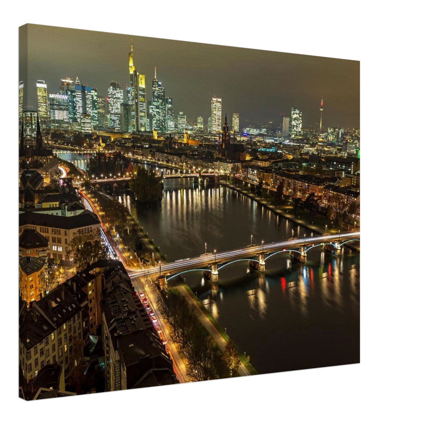 Wandbild golden leuchtende skyline modernes cityscape artwork in variablen groessen