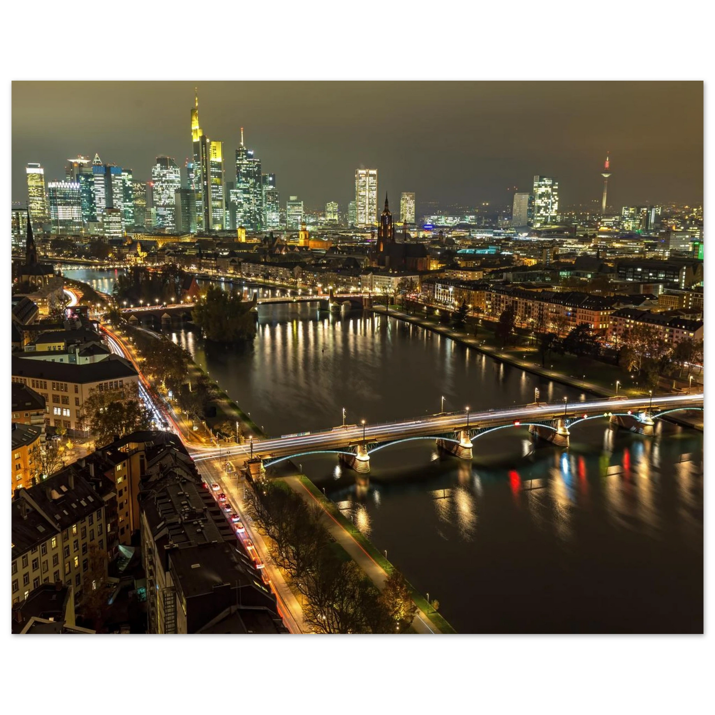 Wandbild golden leuchtende skyline modernes cityscape artwork in variablen groessen