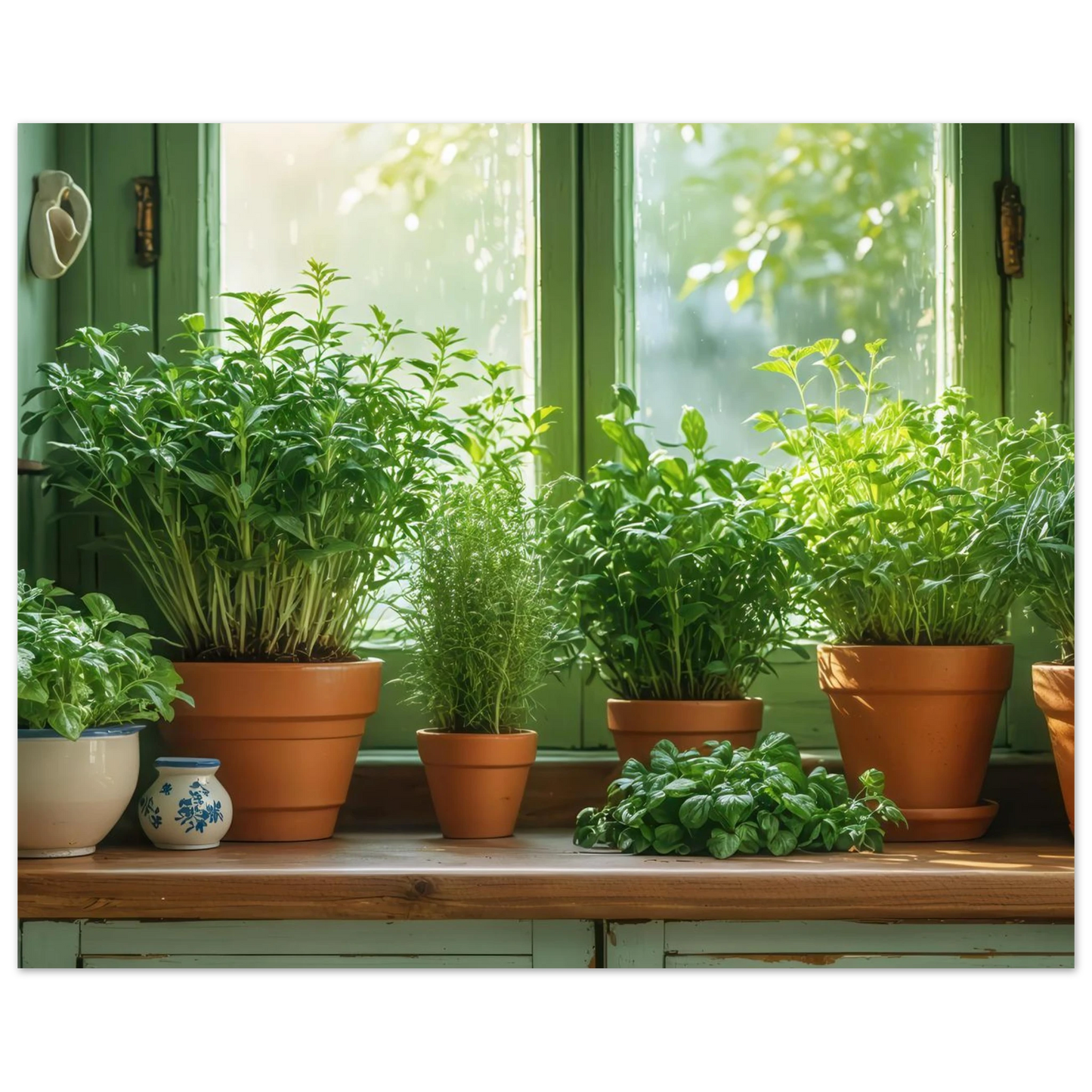 Wandbild mediterrane kraeuter am fenster frische gruen nuancen fuer ihr zuhause in vielen groessen