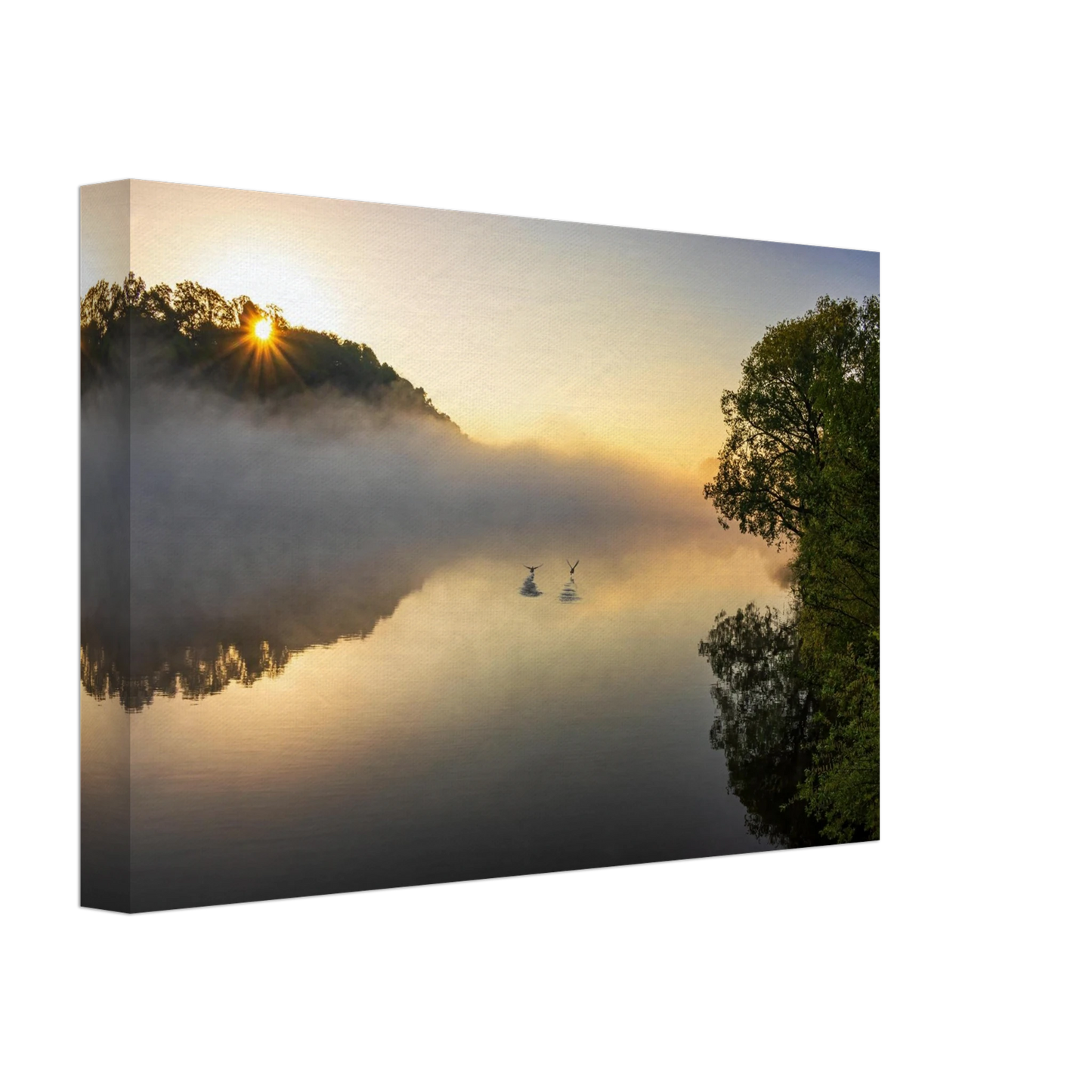 Wandbild mystischer sonnenaufgang ueber dem nebelmeer stille wasser voegel leinwandbild fuer ihr zuhause