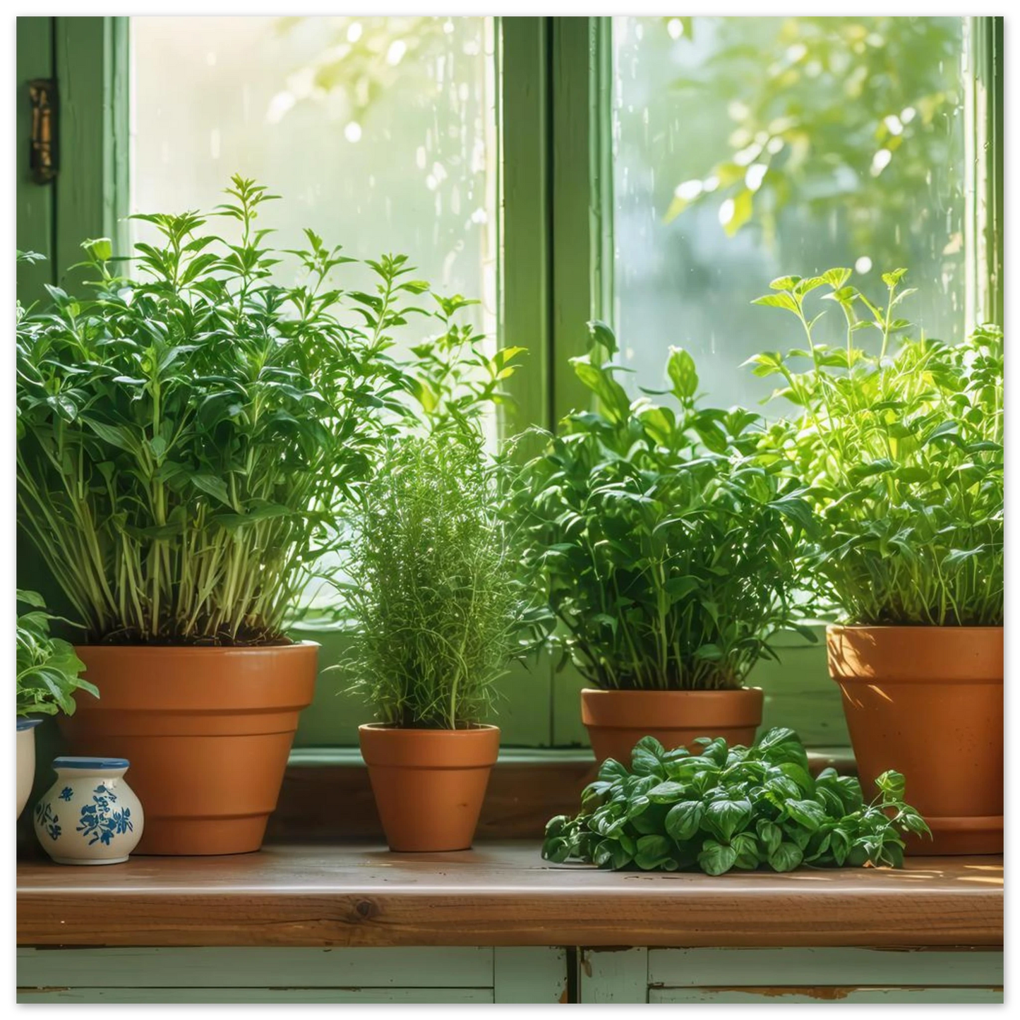 Wandbild mediterrane kraeuter am fenster frische gruen nuancen fuer ihr zuhause in vielen groessen