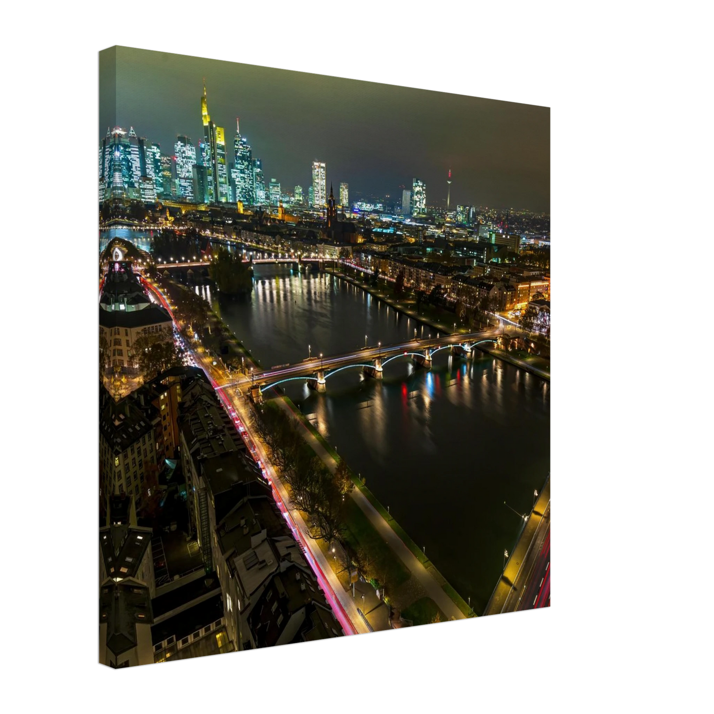 Wandbild frankfurt bei nacht pulsierende stadtansicht mit lichtspuren
