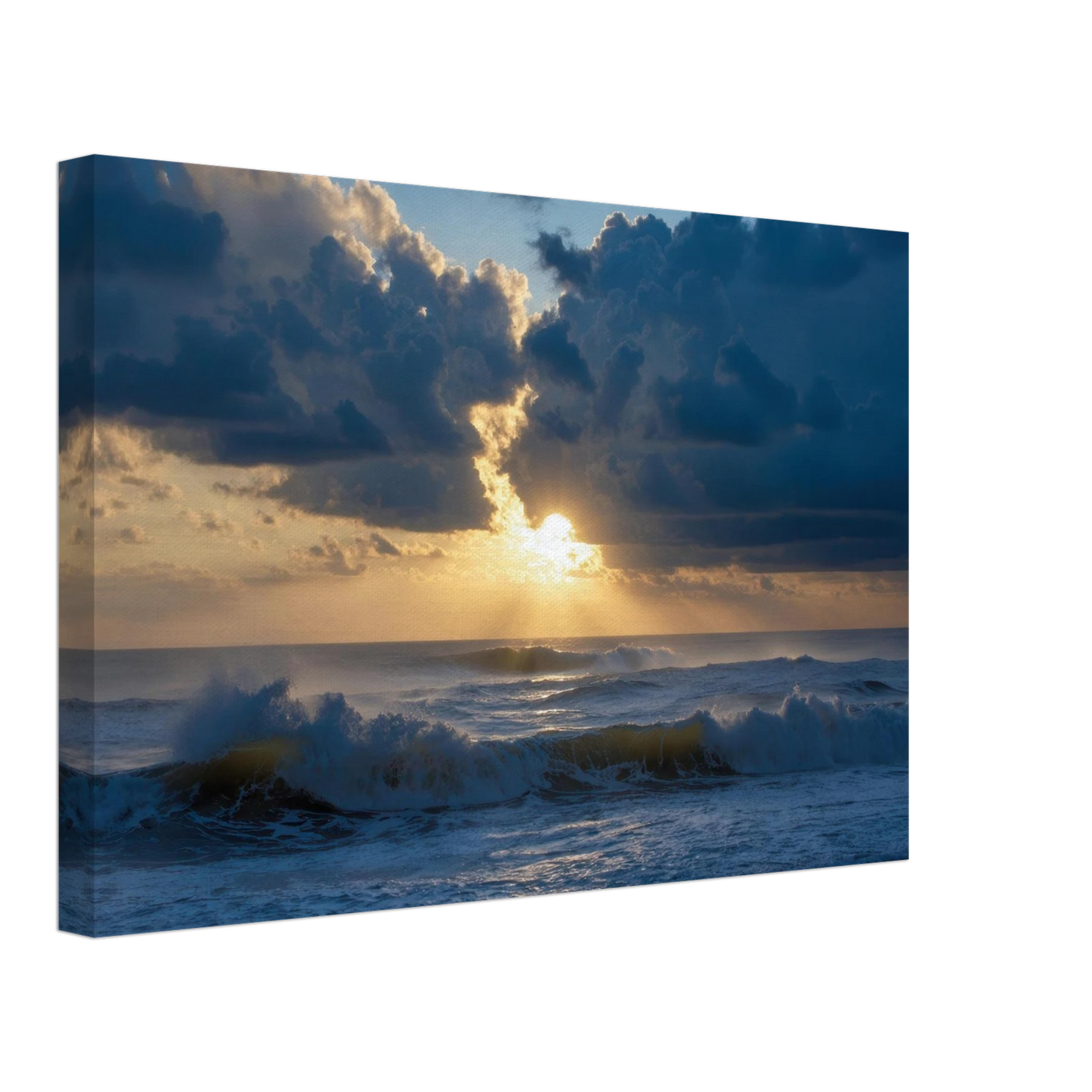 Wandbild dramatischer sonnenuntergang ueber stuermischer see lebendige wolken goldstrahlen fuer ihre wand