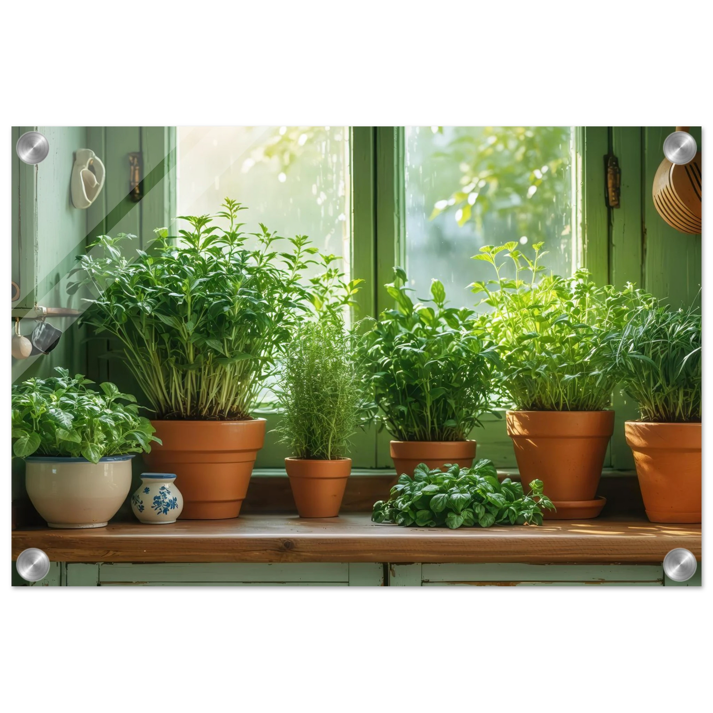 Wandbild mediterrane kraeuter am fenster frische gruen nuancen fuer ihr zuhause in vielen groessen