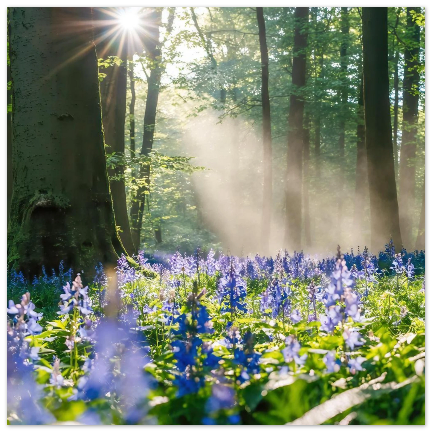 Wandbild mystische waldlichtung mit blauen glockenblumen sonnenverwoehntes naturbild in verschiedenen groessen