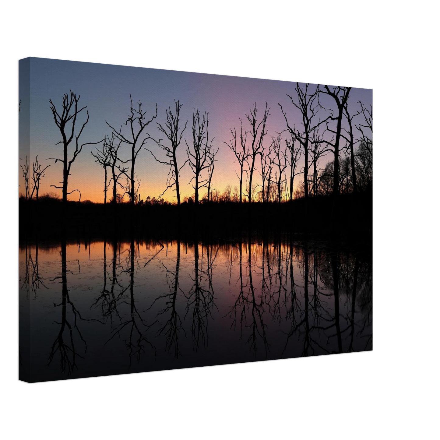 Wandbild sonnenuntergang ueber spiegelndem see magische naturlandschaft mit silhouetten