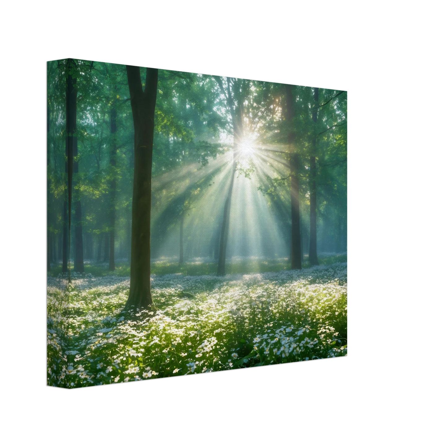 Wandbild mystischer wald sonnenstrahlen im gruenen bluetenmeer