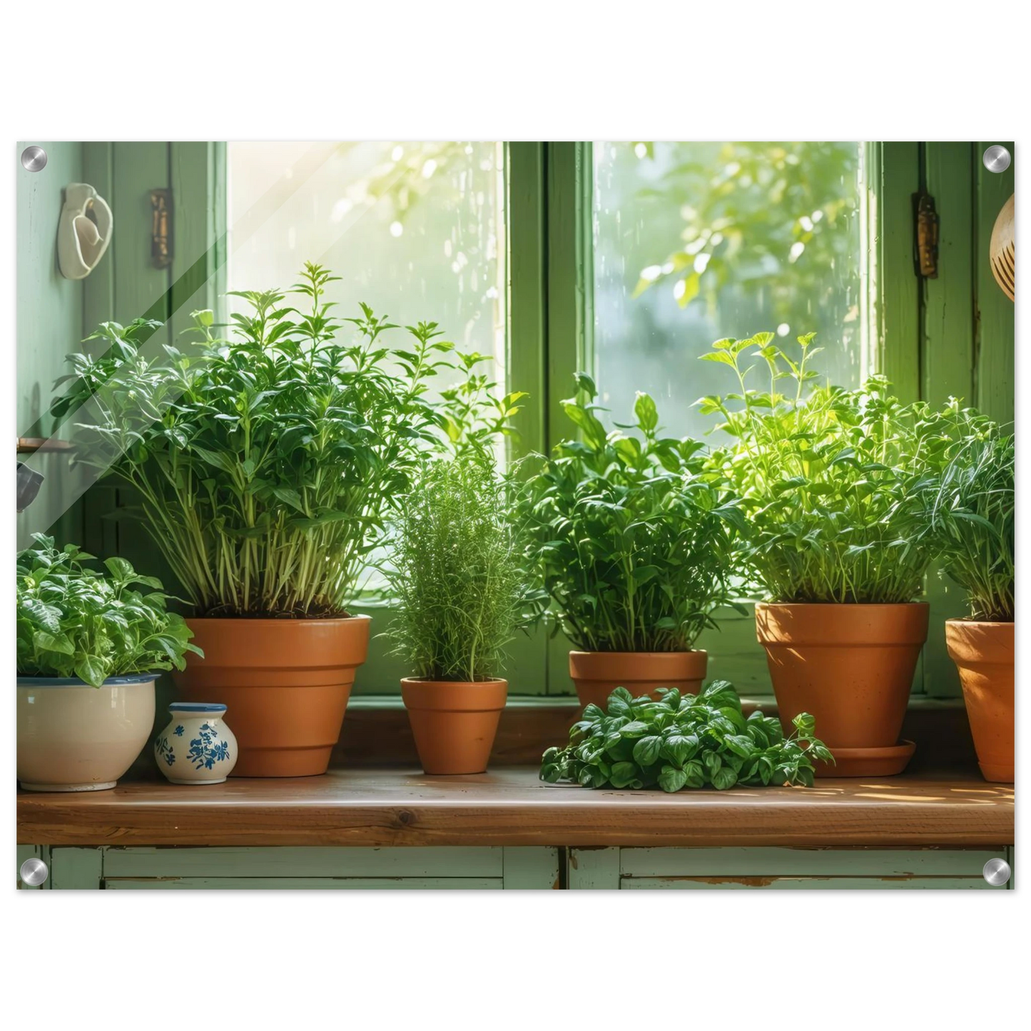 Wandbild mediterrane kraeuter am fenster frische gruen nuancen fuer ihr zuhause in vielen groessen