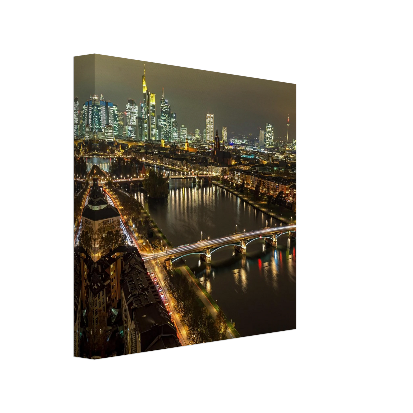 Wandbild golden leuchtende skyline modernes cityscape artwork in variablen groessen