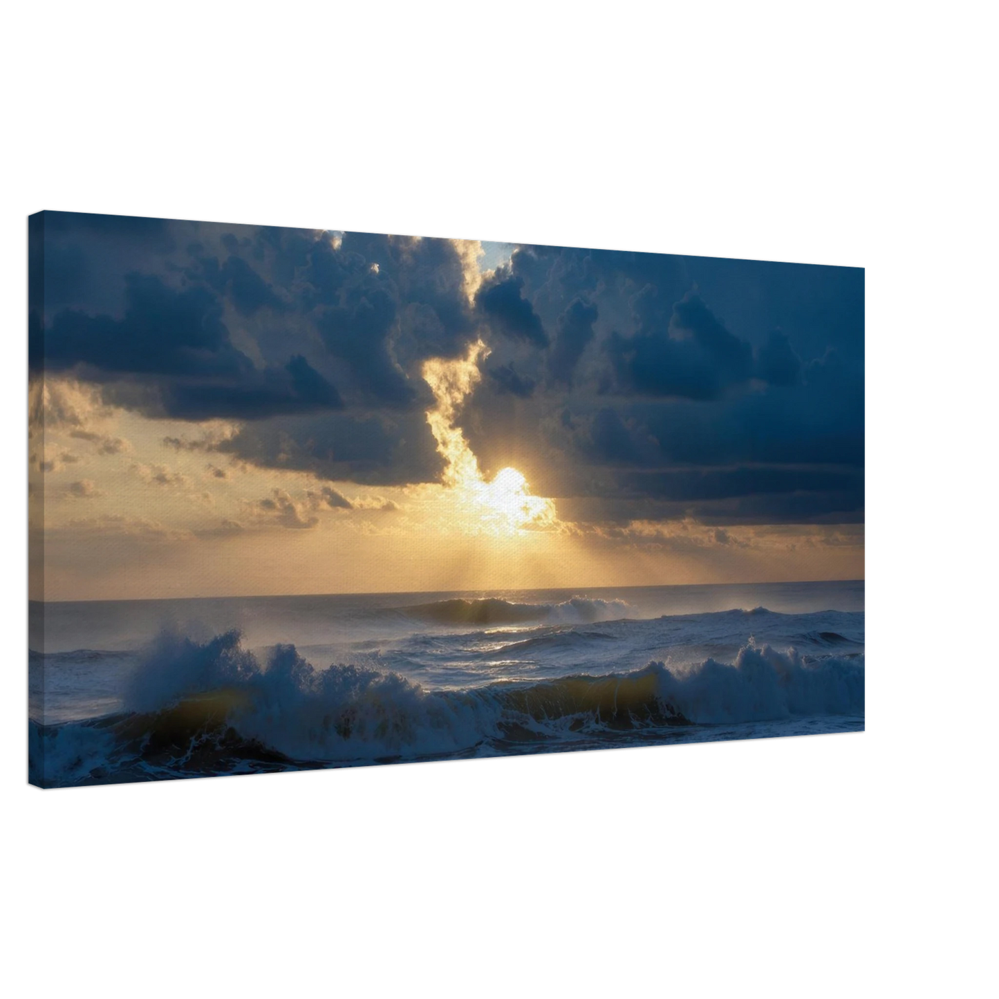 Wandbild dramatischer sonnenuntergang ueber stuermischer see lebendige wolken goldstrahlen fuer ihre wand