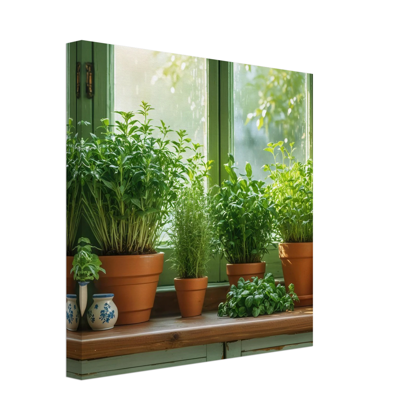 Wandbild mediterrane kraeuter am fenster frische gruen nuancen fuer ihr zuhause in vielen groessen
