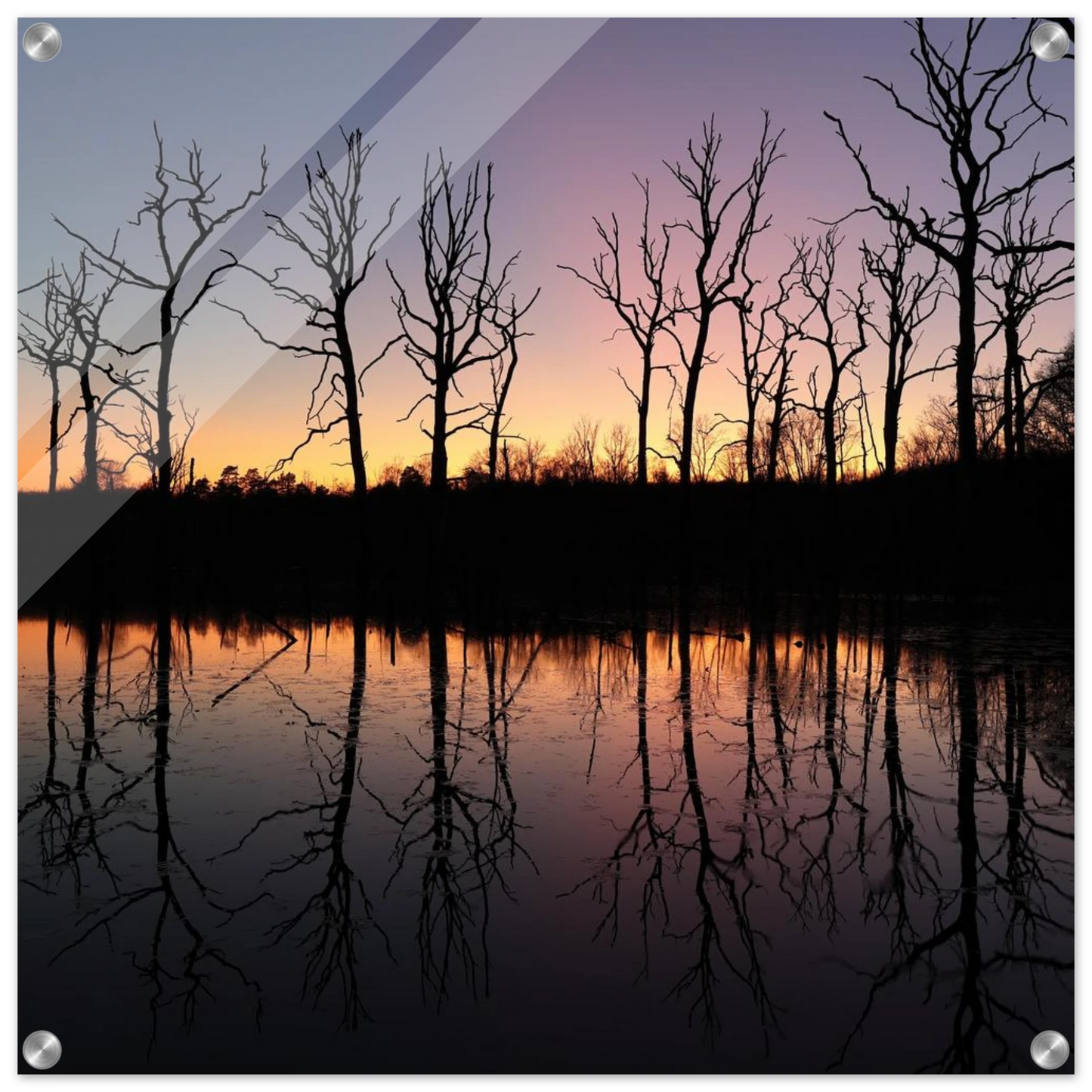 Wandbild sonnenuntergang ueber spiegelndem see magische naturlandschaft mit silhouetten