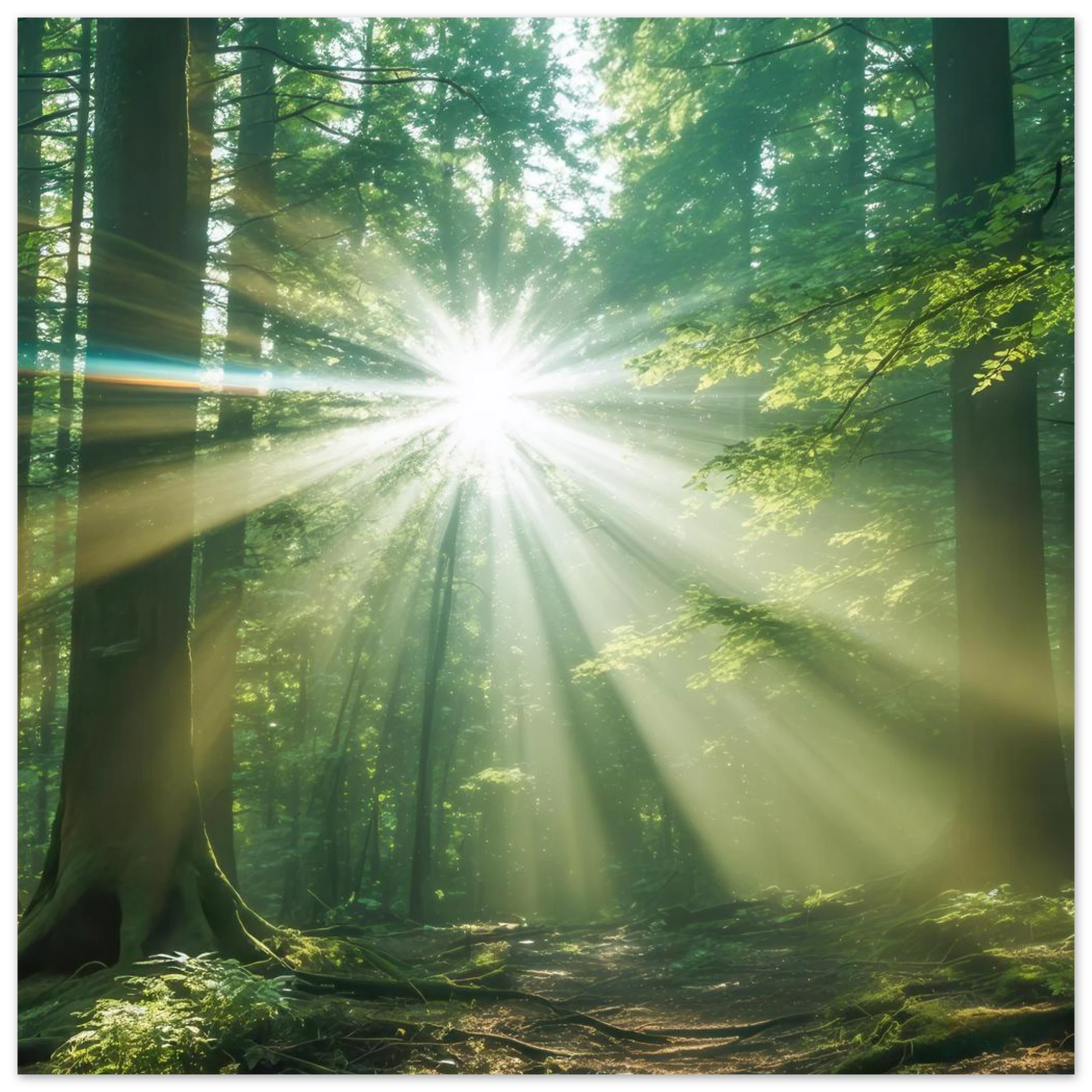 Wandbild sonnenstrahlen im wald mystisches waldlicht kunstdruck in ihrer wunschgroesse