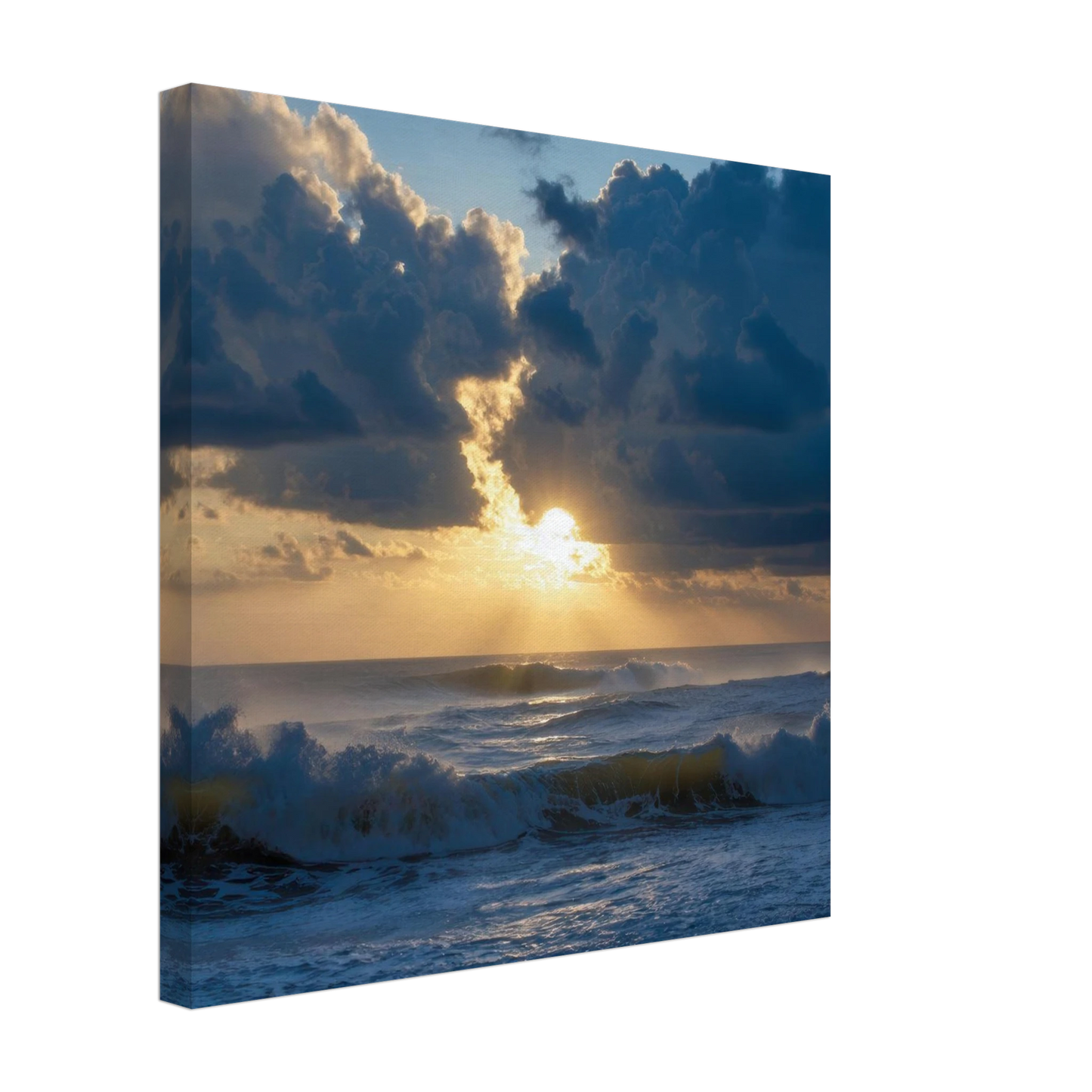 Wandbild dramatischer sonnenuntergang ueber stuermischer see lebendige wolken goldstrahlen fuer ihre wand