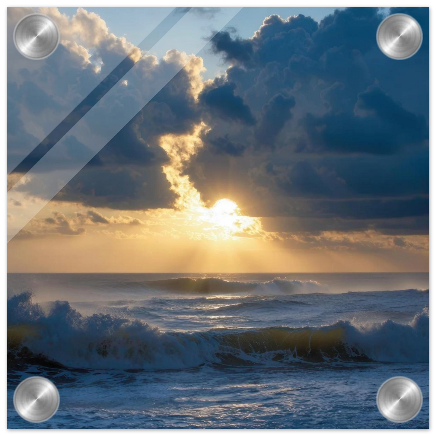 Wandbild dramatischer sonnenuntergang ueber stuermischer see lebendige wolken goldstrahlen fuer ihre wand