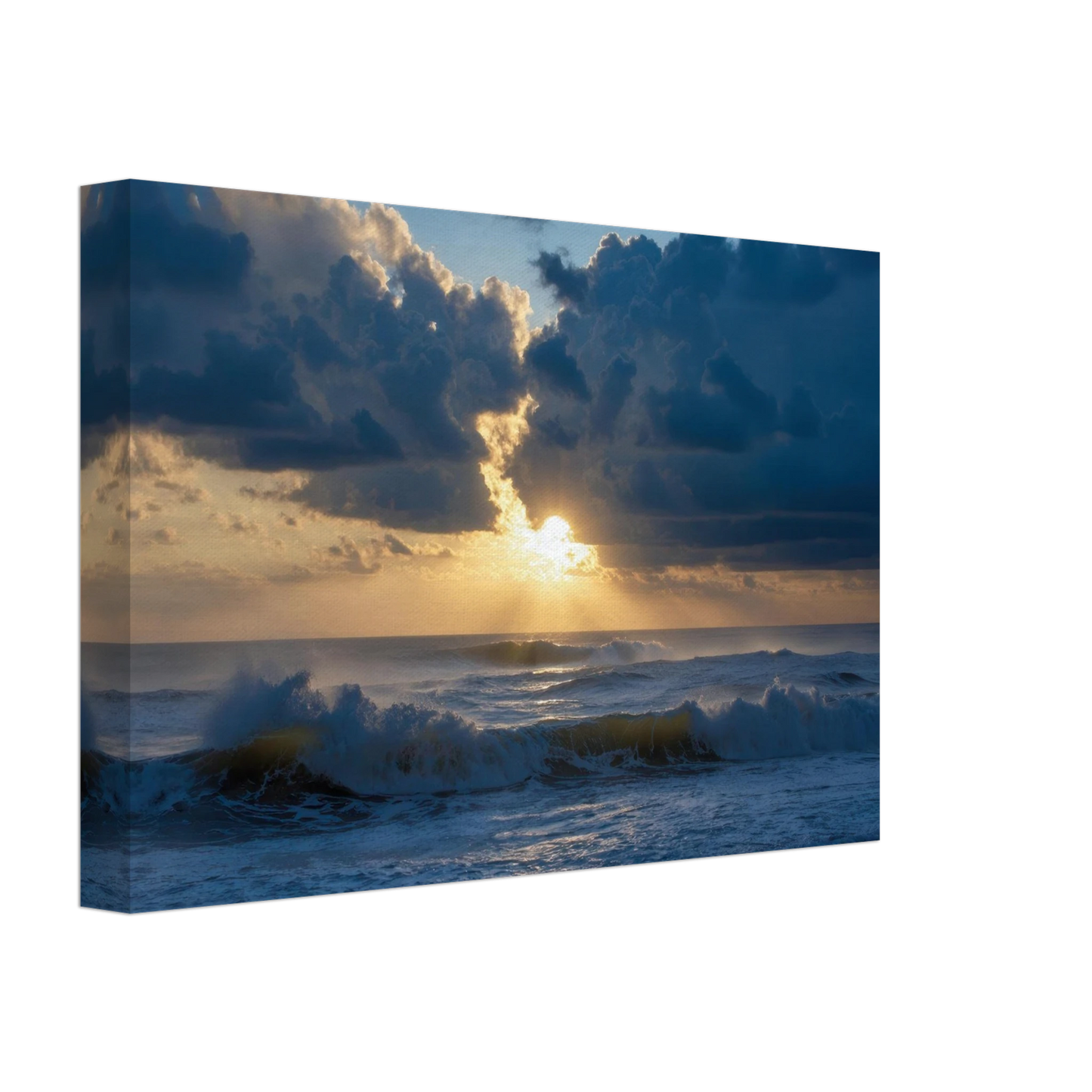 Wandbild dramatischer sonnenuntergang ueber stuermischer see lebendige wolken goldstrahlen fuer ihre wand