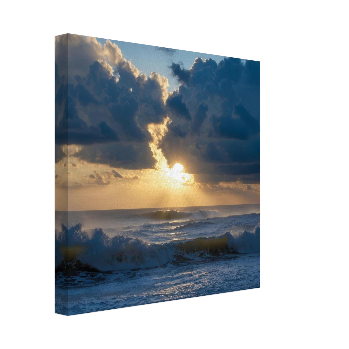 Wandbild dramatischer sonnenuntergang ueber stuermischer see lebendige wolken goldstrahlen fuer ihre wand