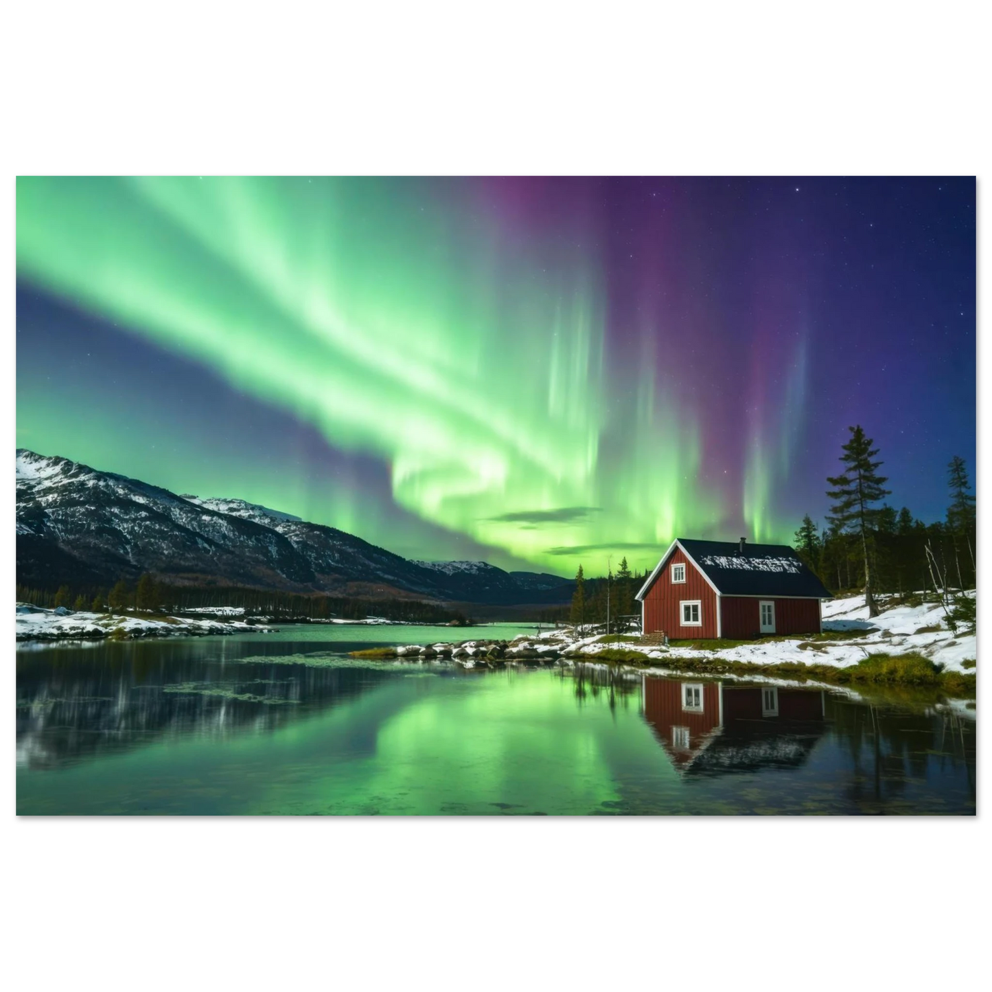 Wandbild nordlichter gemuetliche huette majestaetisches kunstwerk in lebendigen gruentoenen