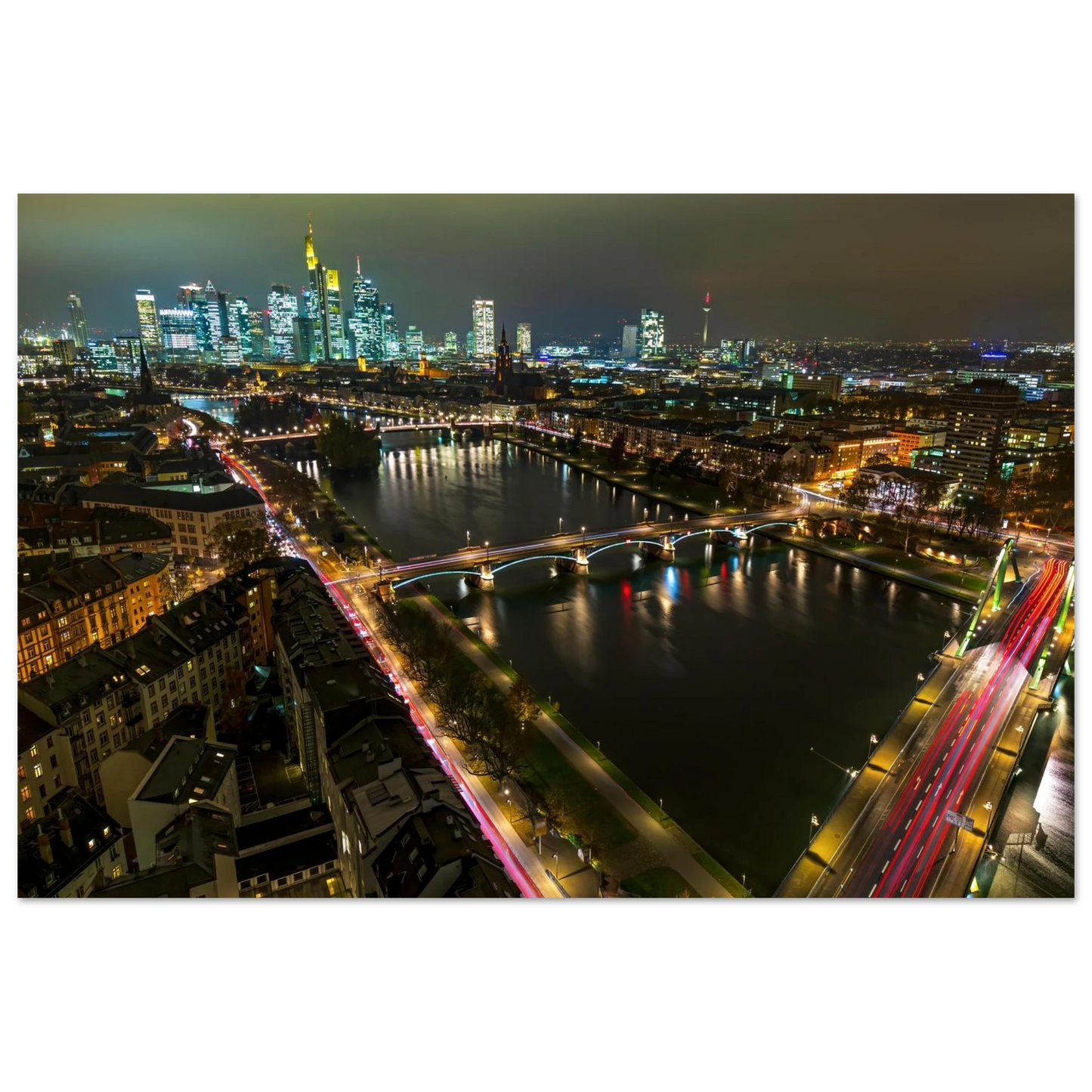 Wandbild frankfurt bei nacht pulsierende stadtansicht mit lichtspuren