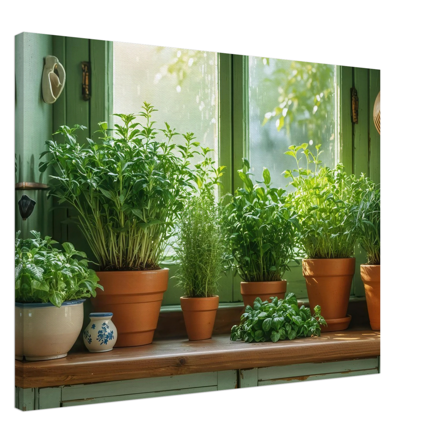 Wandbild mediterrane kraeuter am fenster frische gruen nuancen fuer ihr zuhause in vielen groessen