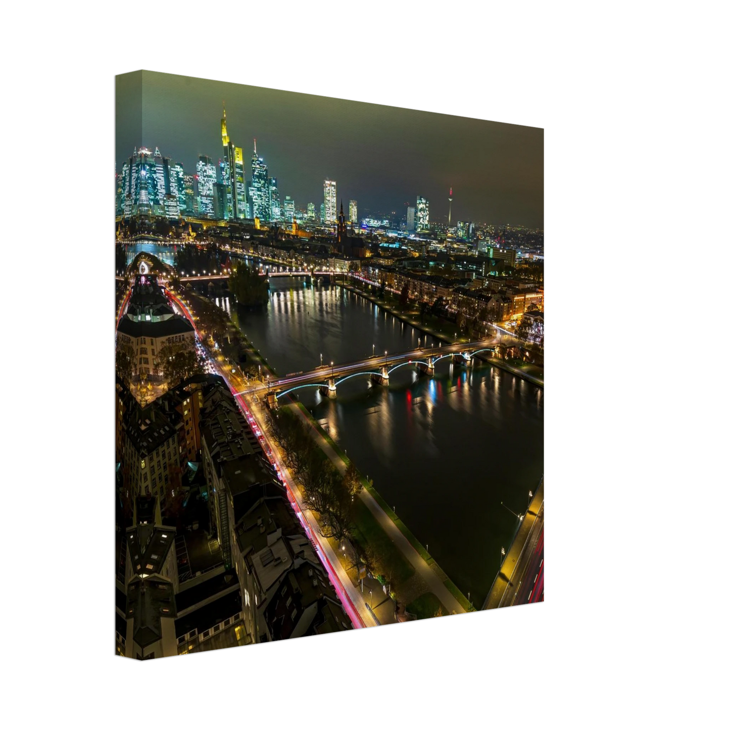 Wandbild frankfurt bei nacht pulsierende stadtansicht mit lichtspuren