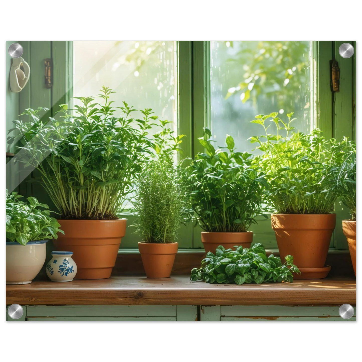 Wandbild mediterrane kraeuter am fenster frische gruen nuancen fuer ihr zuhause in vielen groessen