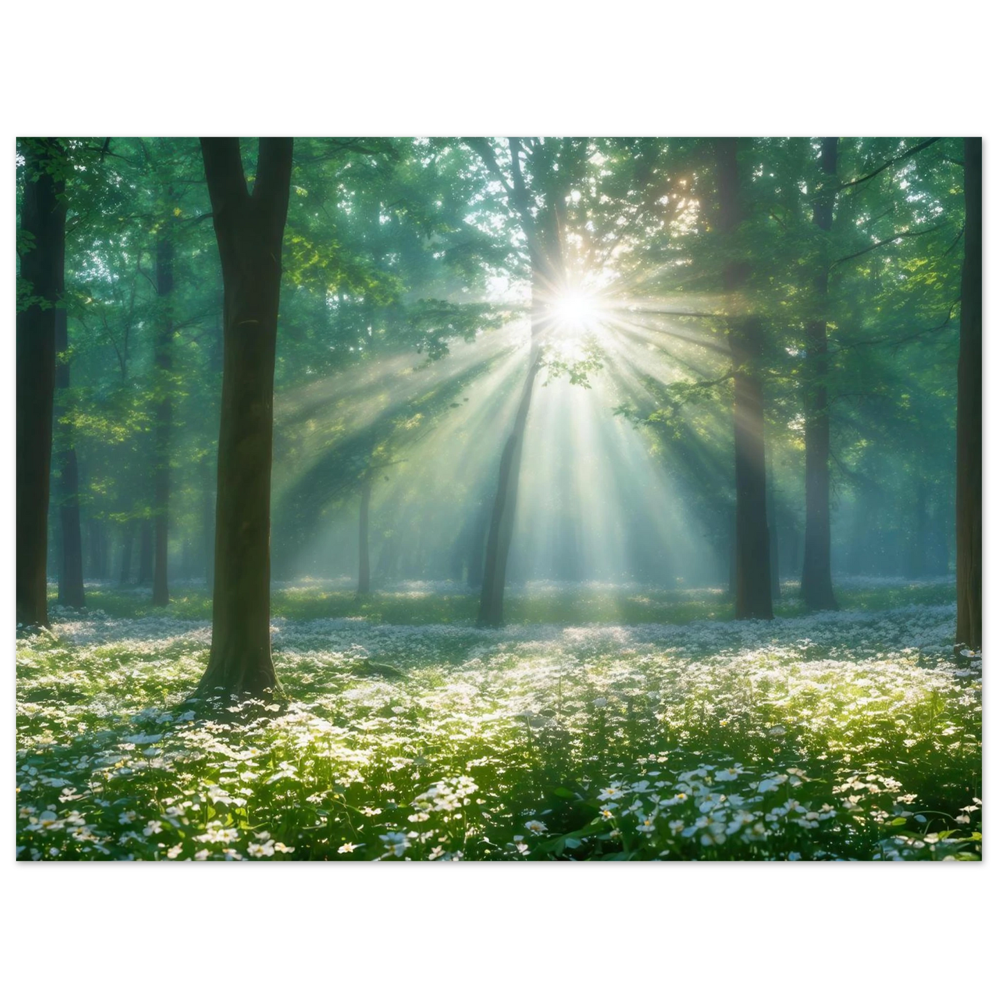 Wandbild mystischer wald sonnenstrahlen im gruenen bluetenmeer