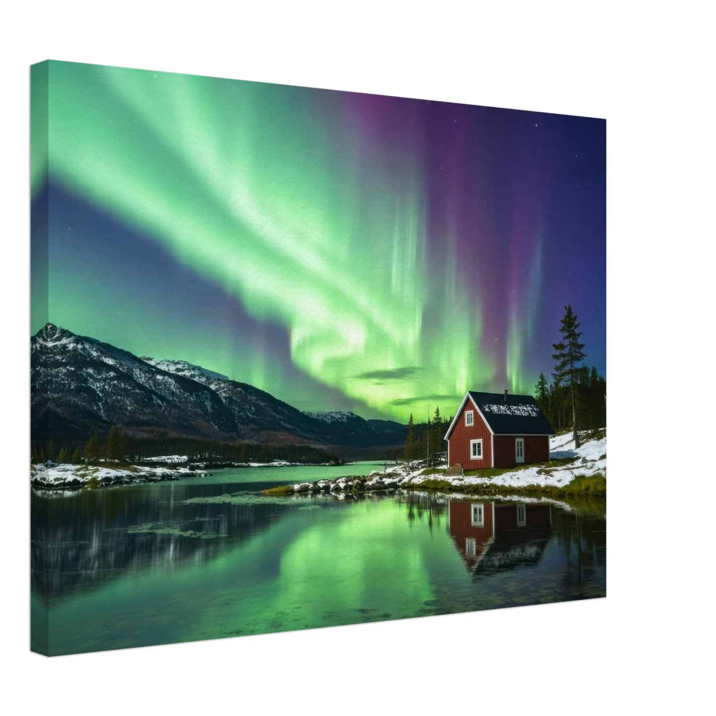 Wandbild nordlichter gemuetliche huette majestaetisches kunstwerk in lebendigen gruentoenen