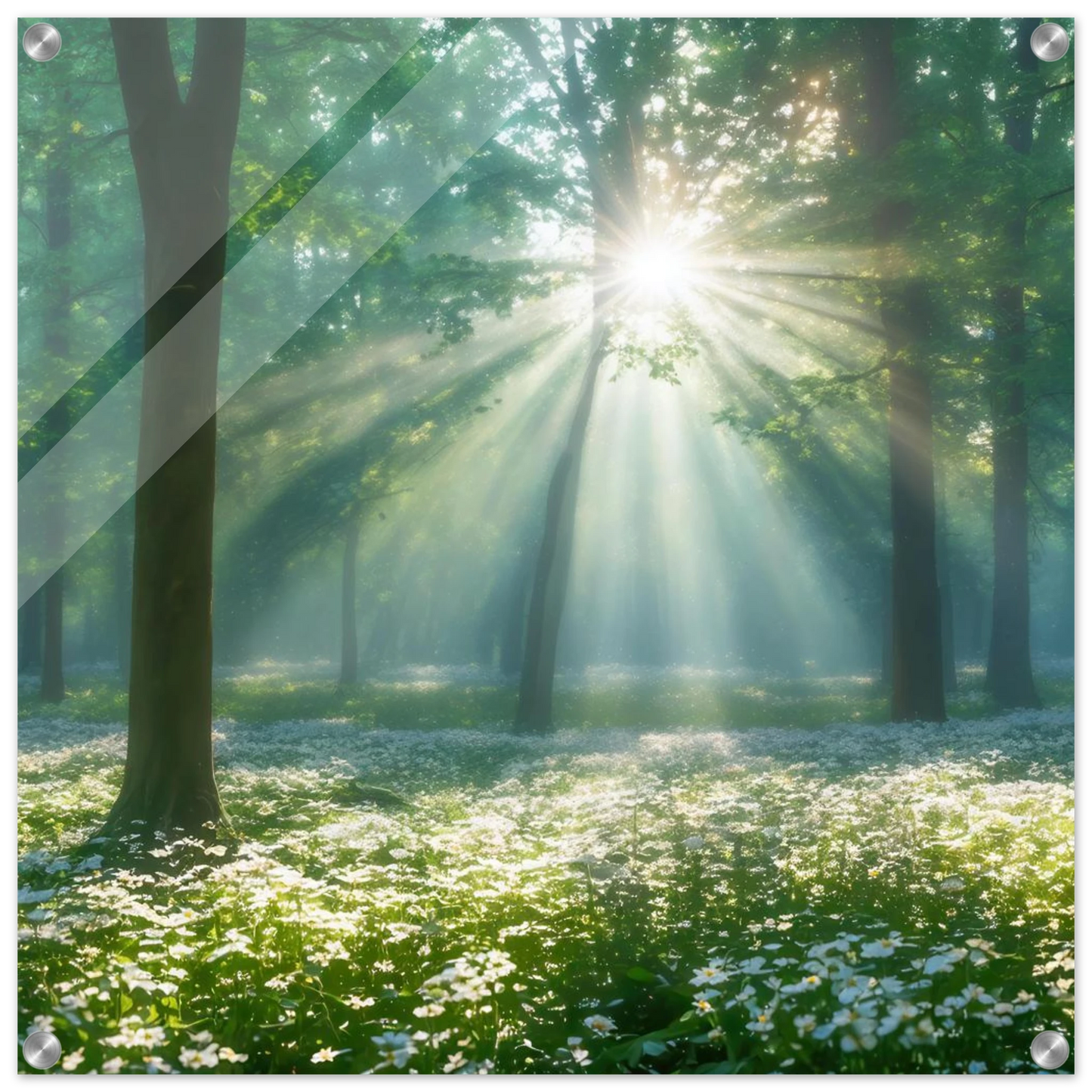 Wandbild mystischer wald sonnenstrahlen im gruenen bluetenmeer