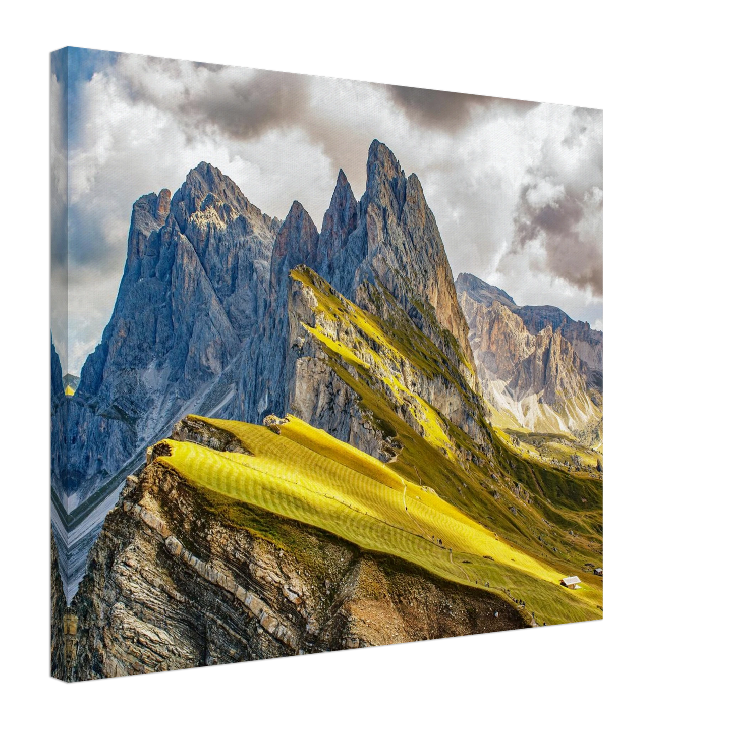Wandbild seceda alpenglanz atemberaubende dolomiten landschaft mit leuchtenden grashaengen