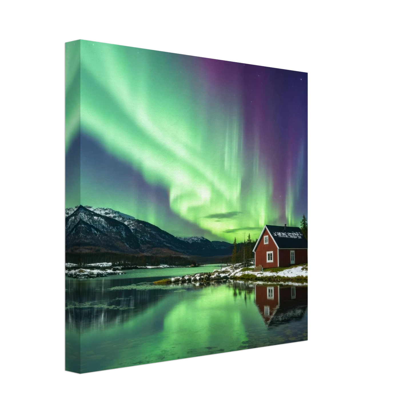Wandbild nordlichter gemuetliche huette majestaetisches kunstwerk in lebendigen gruentoenen