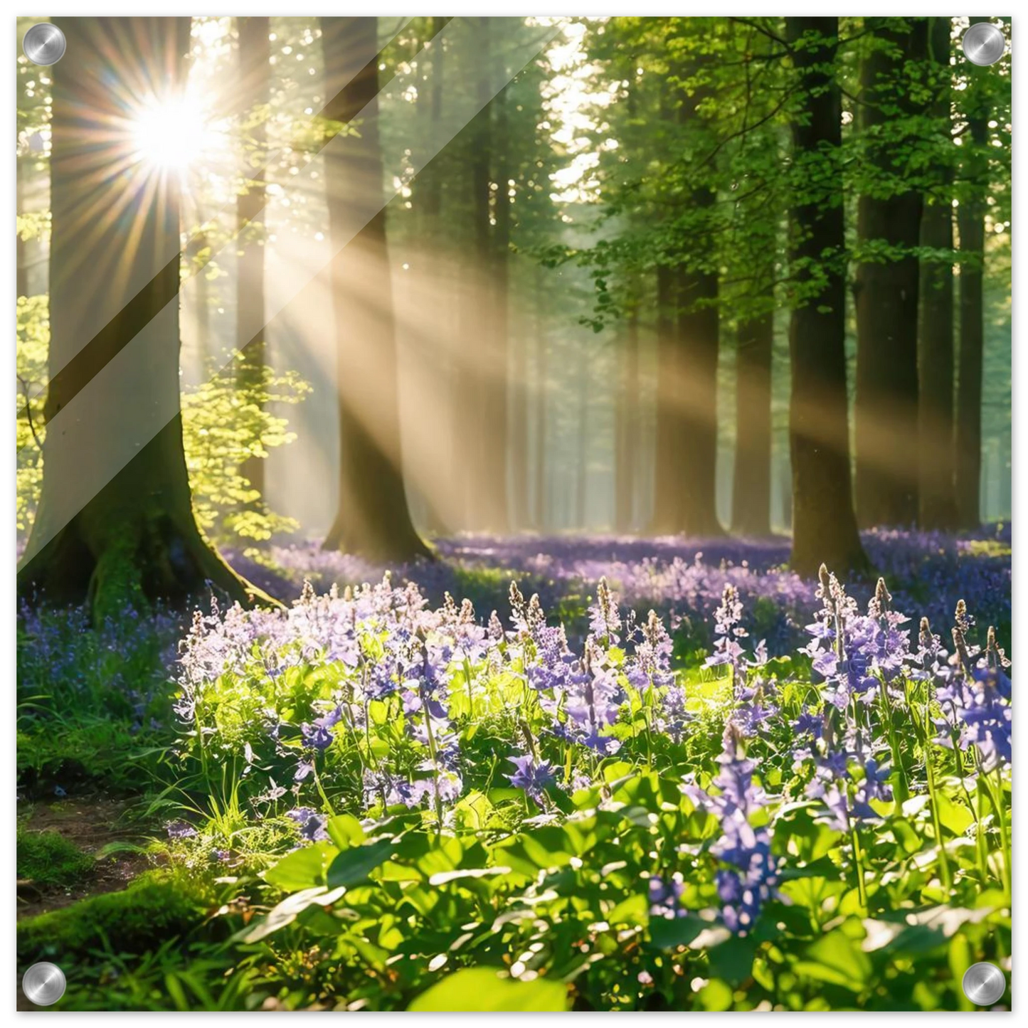 Wandbild mystischer morgenwald mit sonnenstrahlen und lila blueten in vielen groessen