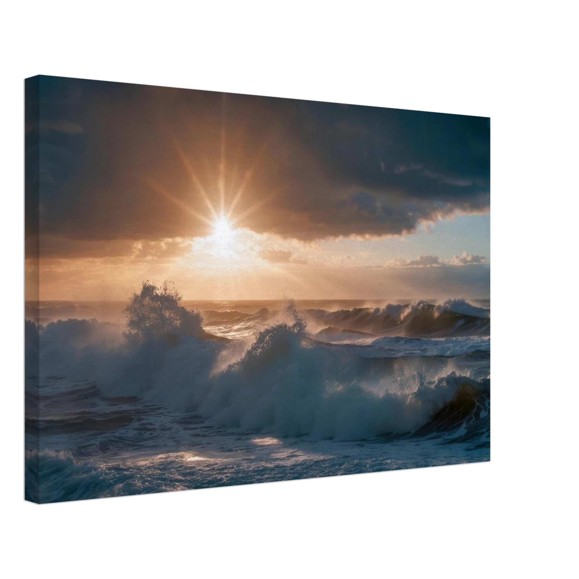 Wandbild dramatischer sonnenuntergang ueber stuermischen wellen ozean leinwanddruck in ihrer wunschgroesse