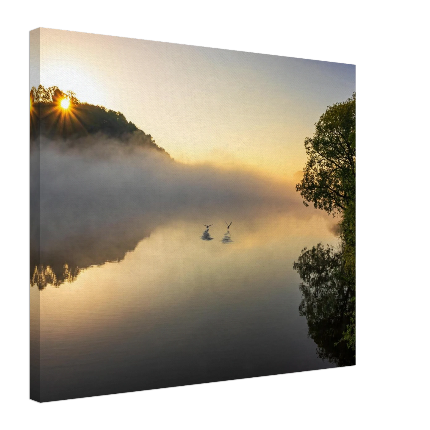 Wandbild mystischer sonnenaufgang ueber dem nebelmeer stille wasser voegel leinwandbild fuer ihr zuhause
