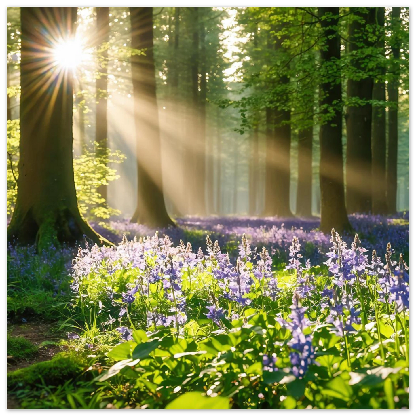 Wandbild mystischer morgenwald mit sonnenstrahlen und lila blueten in vielen groessen
