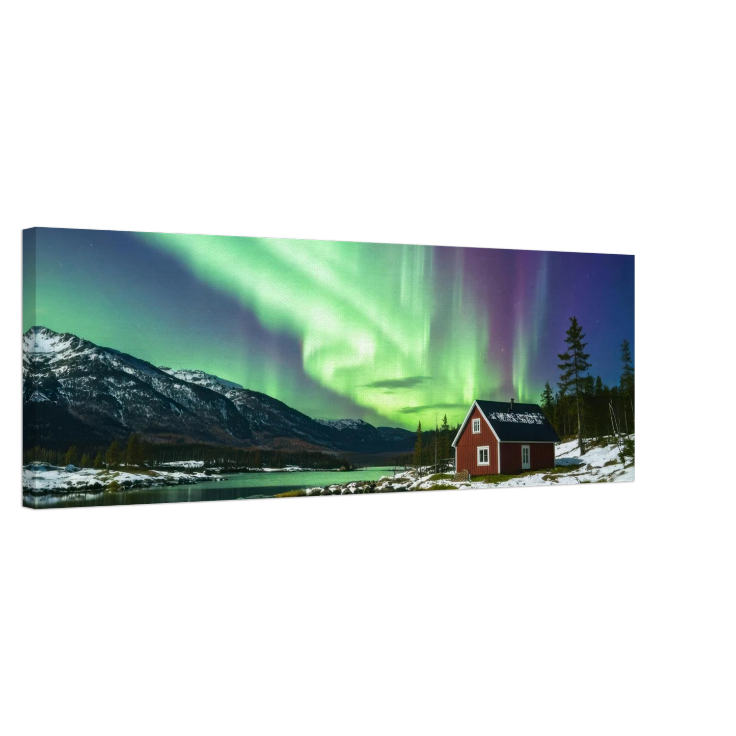 Wandbild nordlichter gemuetliche huette majestaetisches kunstwerk in lebendigen gruentoenen