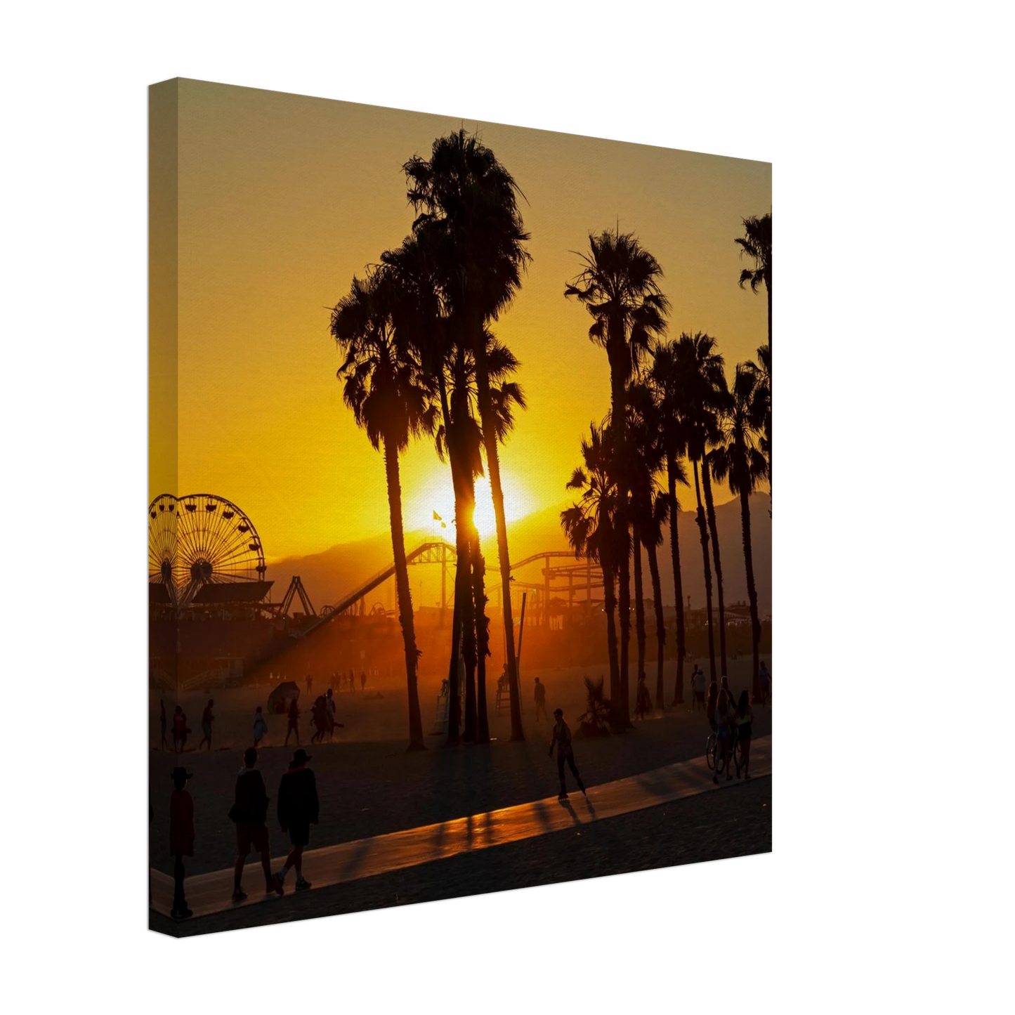 Wandbild sonnenuntergang am santa monica pier kalifornische palmen und riesenrad bei goldenem licht