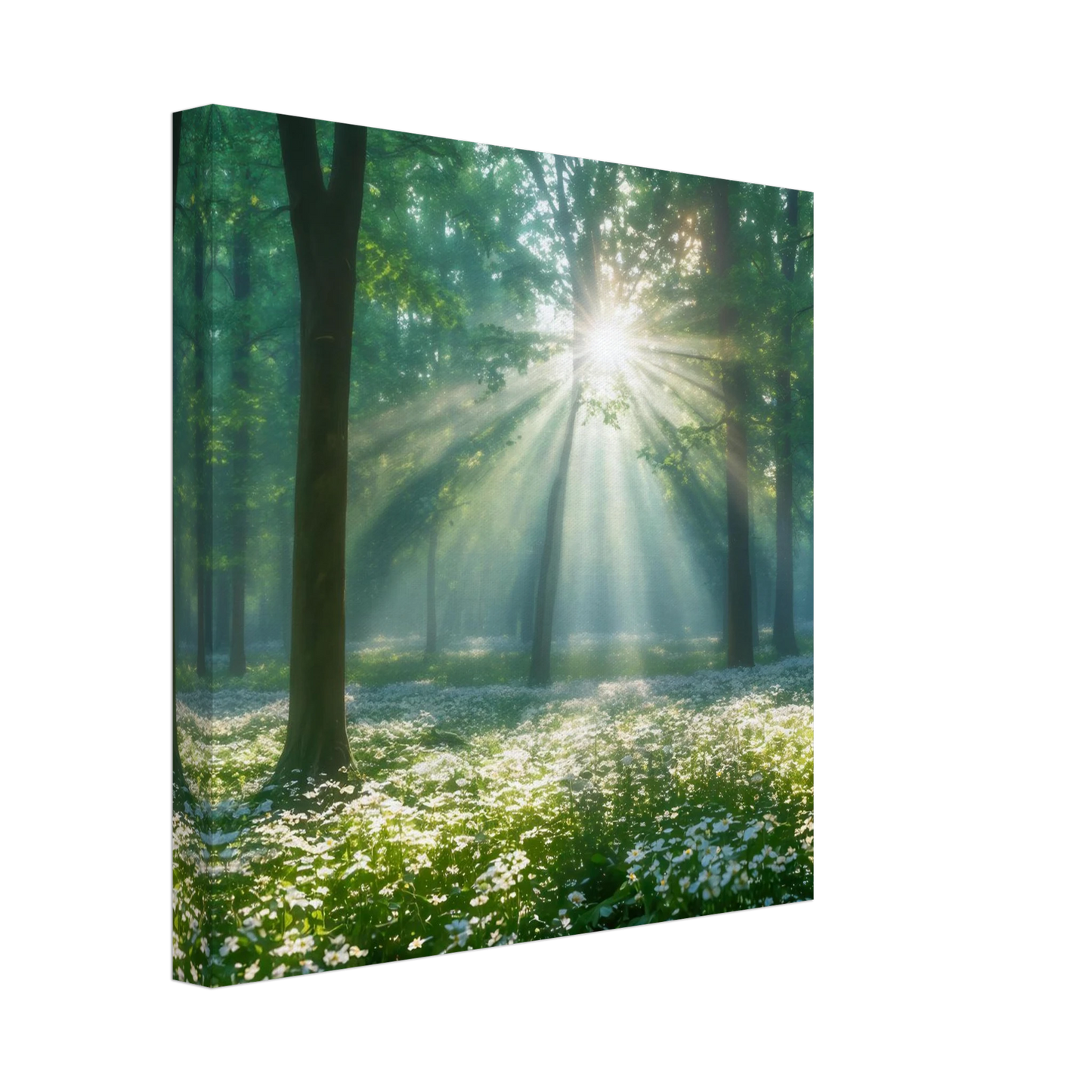 Wandbild mystischer wald sonnenstrahlen im gruenen bluetenmeer