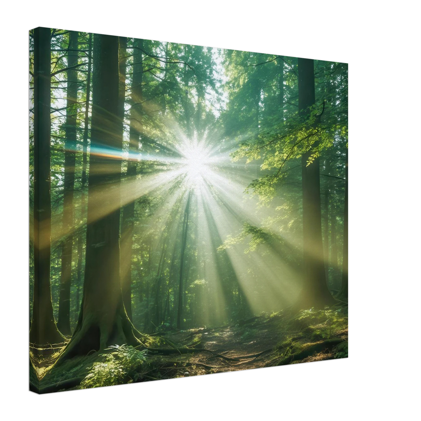 Wandbild sonnenstrahlen im wald mystisches waldlicht kunstdruck in ihrer wunschgroesse