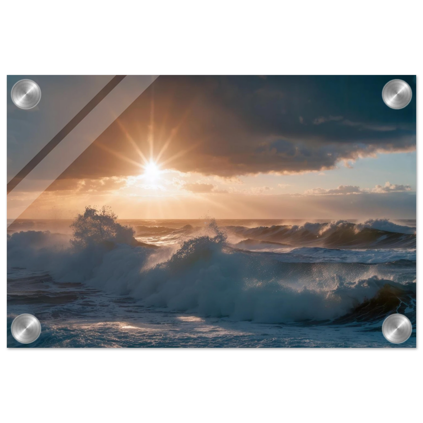 Wandbild dramatischer sonnenuntergang ueber stuermischen wellen ozean leinwanddruck in ihrer wunschgroesse