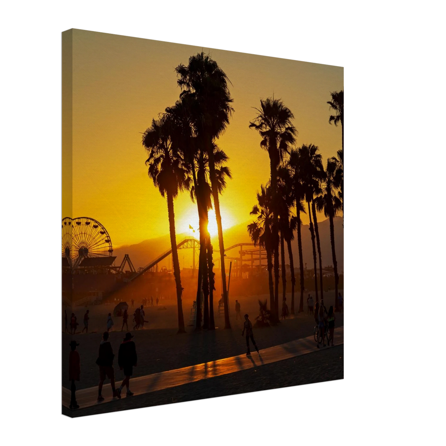 Wandbild sonnenuntergang am santa monica pier kalifornische palmen und riesenrad bei goldenem licht